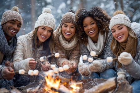 Group of friends gather around a warm campfire roasting marshmallows while snow falls gently in the woods.の写真素材