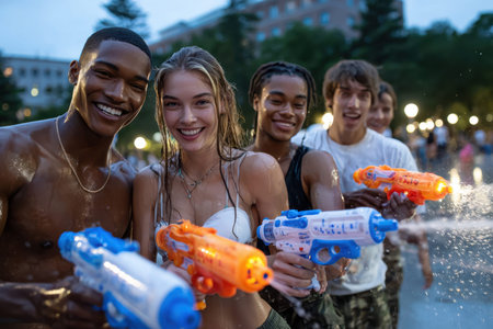 Groups of friends engage in an exciting water gun battle at dusk, creating joyful memories in the park.の写真素材