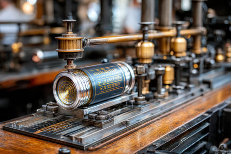 A detailed view of a vintage steam engine part highlights intricate design and precision at a mechanical exhibit.の写真素材