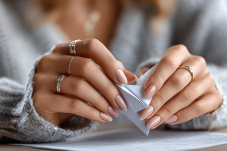 Delicate hands shape a tiny paper boat, adorned with rings, in a warm and inviting indoor space.の写真素材