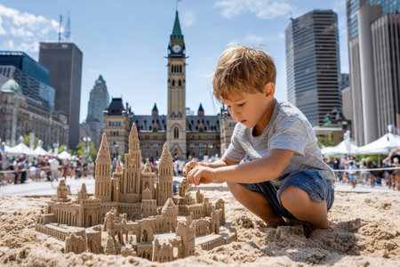 A child focused on crafting a detailed sand castle during a lively festival in the city center.の写真素材