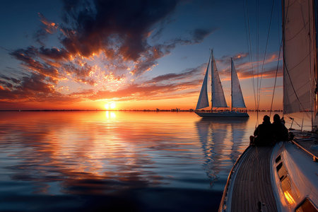 Two sailors enjoy a tranquil evening on calm waters, watching a stunning sunset with vibrant colors.の写真素材