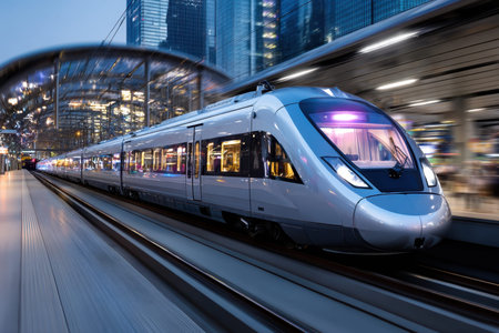 A high-speed train arriving at a modern city station at duskの写真素材