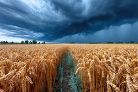 A golden wheat field under a stormy sky, shot with a drone, conveying the timeless drama of the elementsの写真素材