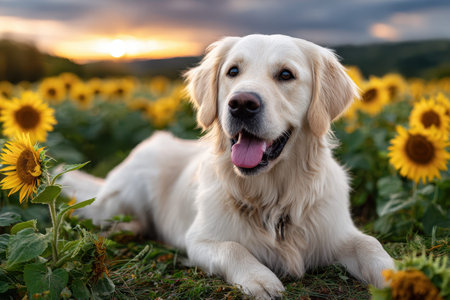 A golden retriever playing in a field of sunflowers during sunset, capturing joy and freedom, soft natural backlighting, shot with a wide-angle lens, where the dog suddenly finds a hidden toyの写真素材