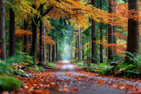 A peaceful forest path is covered in fallen leaves, showing vivid autumn colors under tall trees.の写真素材