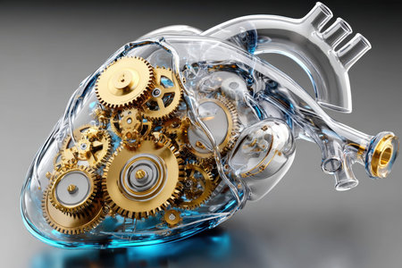 A transparent heart showcases complex golden gears, merging technology with anatomical features beautifully.の写真素材