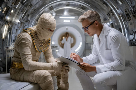 A scientist in a lab coat writes notes while examining a mummy wrapped in bandages.の写真素材