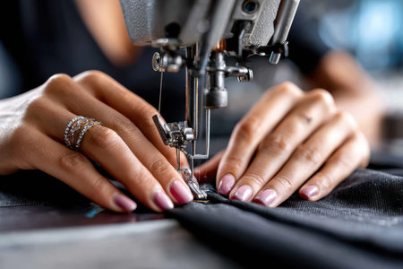 Hands expertly guide fabric through a sewing machine, showing craftsmanship in textile design.の写真素材