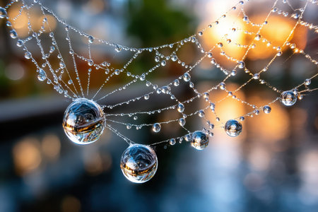 A closeup view of a spiderweb covered in glistening dewdrops at sunriseの写真素材