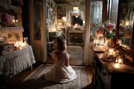 A girl in a white dress sits cross-legged in a softly lit antique room, surrounded by candles and decor.の写真素材