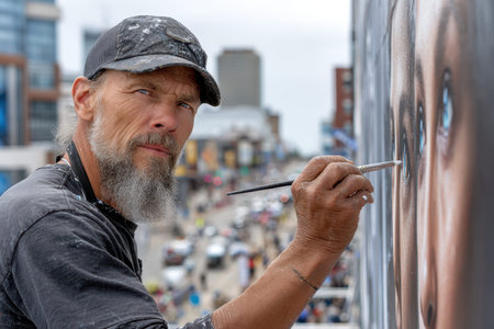 A skilled painter works on a vibrant mural of a woman's face, showcasing artistic talent in a busy city.の写真素材
