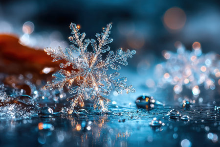 Close up of a snowflake on a dark icy surface with water dropletsの写真素材