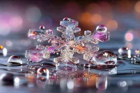 A detailed snowflake rests on a reflective surface with water dropletsの写真素材