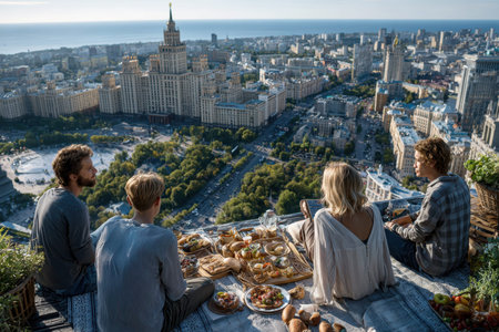 Four friends gather on a rooftop, savoring a picnic with a breathtaking view of the city below.の写真素材