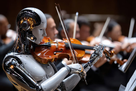 A humanoid robot skillfully plays the violin alongside human musicians in a large concert hall.の写真素材
