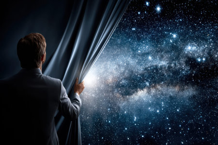 A person stands behind a curtain, pulling it aside to unveil a breathtaking view of the galaxy filled with stars.の写真素材