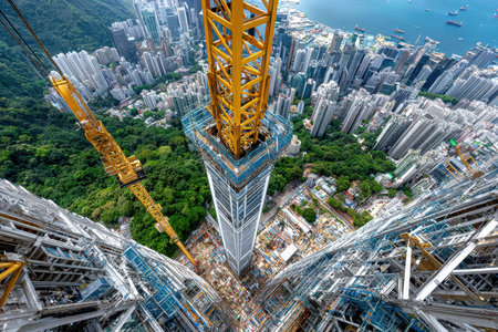 A skyscraper under construction, shot from a crane with a wide-angle lens, showing the scale and complexity of urban developmentの写真素材