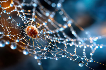 Spider methodically constructs a delicate web, showing tiny dewdrops glistening in morning light.の写真素材