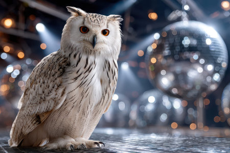 A majestic owl perches on the stage as disco balls sparkle, creating a vibrant atmosphere at night.の写真素材