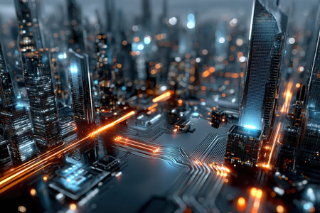 Futuristic cityscape with glowing lights built on a circuit boardの写真素材
