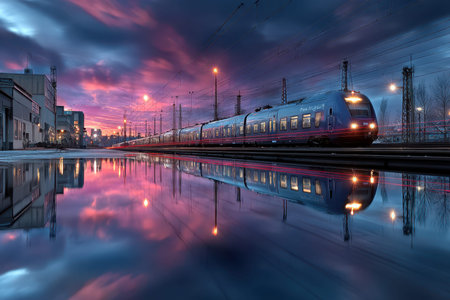 A train reflected in a puddle next to a railway station at sunsetの写真素材