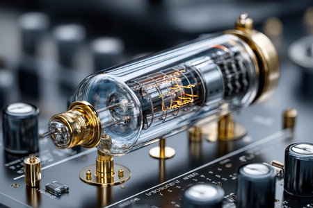 A vintage vacuum tube is prominently displayed on high-end audio equipment in a sound studio during daytime.の写真素材