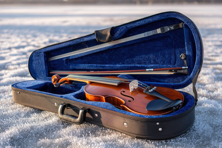 A wooden violin lies in an open case on a snowy landscape, showing its rich finish under soft light.の写真素材