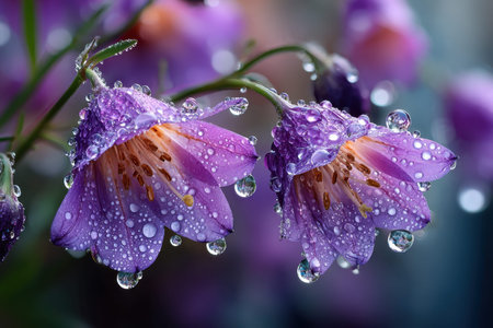 Two purple flowers with glistening water droplets after a rain showerの写真素材