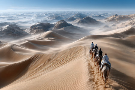 Riders on camels traverse majestic sand dunes while the sun rises, creating a breathtaking landscape.の写真素材