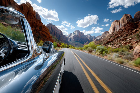 A vintage car speeding down a desert highway, shot at high noon with a polarized lens, embodying the spirit of freedom and adventureの写真素材