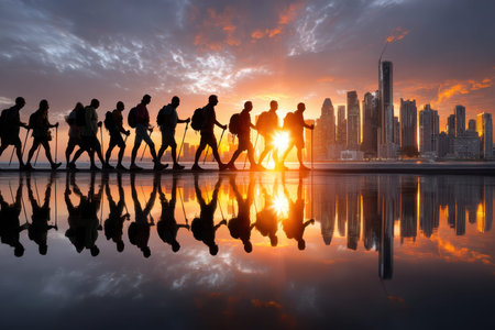 Hikers trek in a line along a reflective surface at sunset with a city skyline in the background.の写真素材