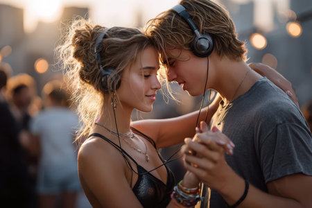 A couple shares a dance at sunset, enjoying music together in a vibrant urban setting.の写真素材