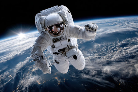 An astronaut floating in space, against the backdrop of a brightly lit Earth, captured with a telephoto lens, embodying human exploration, ultrarealistic photo --ar 3:2 --raw --profile nk3i4wf --stylize 250 --v 7 Job ID: d9ea5b84-e1d8-40b4-8480-6b9143d624f5の写真素材