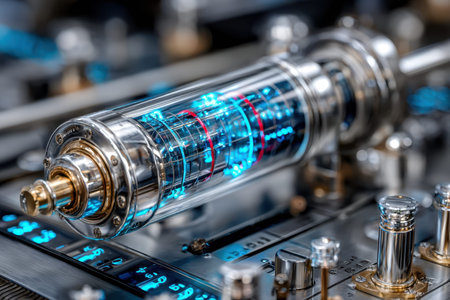 A detailed vintage electronic tube features intricate craftsmanship and glowing blue elements, capturing attention.の写真素材