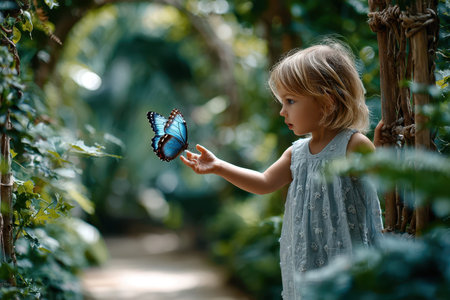 A child reaches out with wonder as a blue butterfly flutters nearby in a vibrant garden.の写真素材
