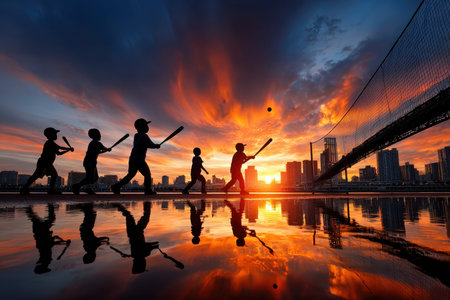 Kids swing baseball bats as the sun sets behind city buildings, creating shadowy figures and reflections.の写真素材