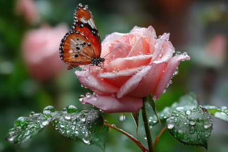 A closeup shot of a brightly colored butterfly perched on a wet, pink rose in a garden settingの写真素材