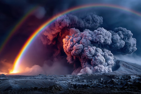 A volcano erupts with a double rainbow in the twilight skyの写真素材