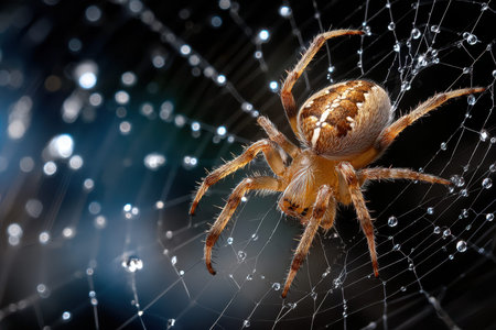 A spider intricately weaves its web, glistening with dew droplets, in a dark and moody setting.の写真素材