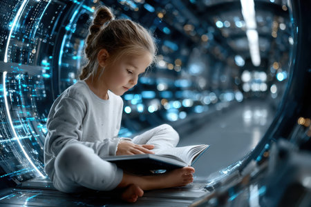 In a high-tech environment, a young girl sits cross-legged reading a book, deeply engaged in her story.の写真素材