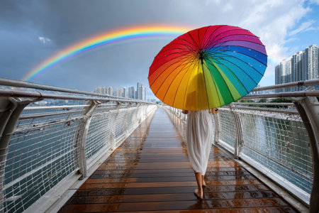 A person dressed in white walks on a wooden bridge, holding a rainbow umbrella against a stormy sky.の写真素材