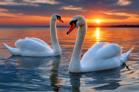 Two elegant swans float gracefully on still water as the sun sets, creating a stunning colorful sky.の写真素材