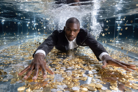 A man dressed in a black suit swims through a pool filled with gold coins, making a dynamic splash as he moves.の写真素材