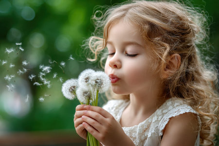 A little girl with curly blonde hair blows on a bouquet of dandelionsの写真素材