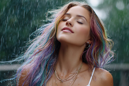 Woman with vibrant hair stands in the rain, embracing the refreshing experience surrounded by greenery.の写真素材
