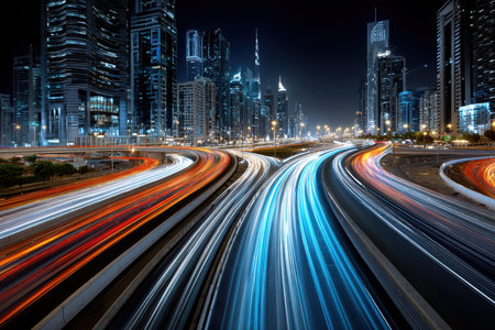 Light trails streak across a city highway at night