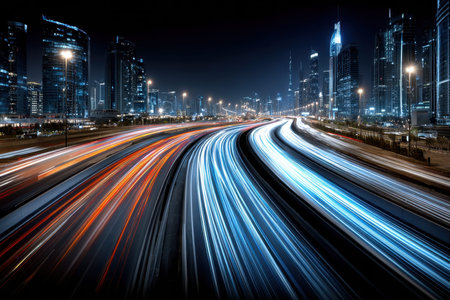 Light trails streak across a city highway at night