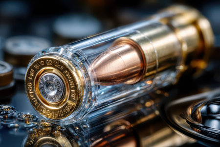 Close-up view of a bullet in a transparent casing, showcasing the shiny brass and intricate details.