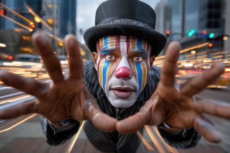 A clown dressed in colorful makeup interacts with passing pedestrians in a bustling city environment.